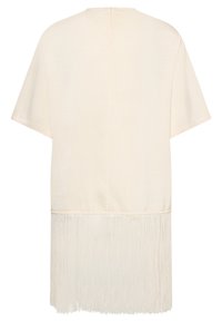 Robe crème à manches courtes, coupe droite avec longue frange en bas, fermeture éclair au dos.