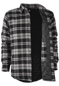 Schwarz- und graues karierter Flanellhemd mit langen Ärmeln, Knopfleiste und wattierter schwarzer Innenausstattung. Mit einer Brusttasche und abgerundetem Saum.