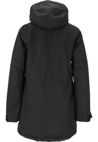 Sort parka-jakke med hætte, lavet af struktureret stof. Har elastiske manchetter, snørredragt i taljen og en let buet kant.