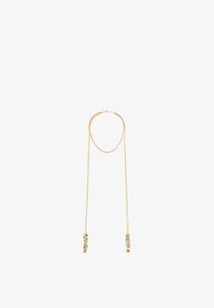 Delicata collana tono oro con anello di catena intrecciata e due lunghi fili sottili che terminano con piccoli ciondoli a forma di foglia.