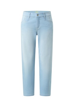 Jeans en denim bleu clair avec jambes droites, fermeture à boutons et fermeture éclair à l'avant, passants pour ceinture, et poches avant et arrière.