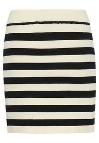 Jupe tricotée rayée noire et crème avec un design ajusté et une ceinture élastique. Les rayures sont uniformément espacées et horizontales.