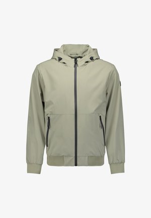 Hellgrüne Jacke mit Kapuze, einem Frontreißverschluss und zwei seitlichen Reißverschlusstaschen. Mit elastischen Bündchen und einem strukturierten Saum. Wasserabweisendes Material.