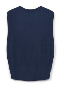 Pull sans manches bleu marine en tissu tricoté doux. Présente un col rond et des finitions côtelées. Design simple sans motifs visibles.