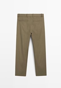 Men's olive green trousers with a straight fit, flat front, two back pockets, and belt loops. Smooth fabric with a subtle texture.