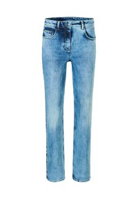 Lichtblauwe denim jeans met verticale vervagingsstrepen, vijf zakken, riemlussen, een knoop aan de voorkant en een ritsluiting.