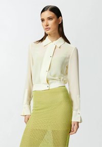 Blusa trasparente gialla chiara con apertura frontale a bottoni e colletto; abbinata a una gonna verde lime a zigzag con texture, che mette in risalto una vestibilità slim.