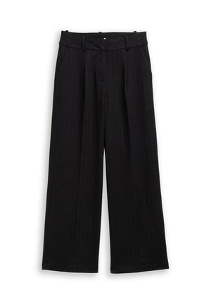 Black pinstripe wide-leg trousers with belt loops, front pleats, and side pockets on a white background.
