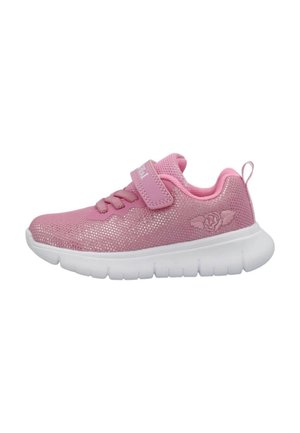 Scarpa sportiva rosa per bambini con tessuto a rete, cinturino a strappo, ricamo floreale sul tallone e suola spessa bianca e flessibile.