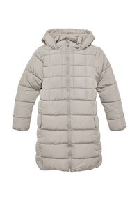 Padded jakna svijetlosive boje, s dugim zatvaračem, kapuljačom i quilted teksturom s horizontalnim šavovima po tijelu i rukavima.