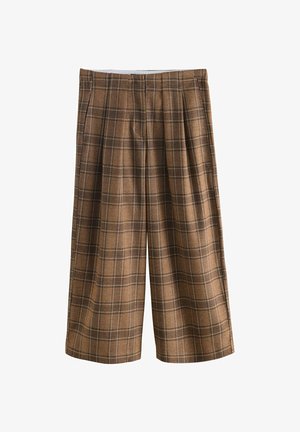 Braune karierte Shorts mit entspanntem Schnitt, vorne mit Falten, seitlichen Taschen und kontrastierenden blauen Linien im Muster. Hergestellt aus strukturiertem Stoff.