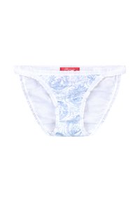 Weiße Baumwollslips mit leicht blauem Paisleymuster, elastischem Bund mit rotem Etikett und Rüschensaum.