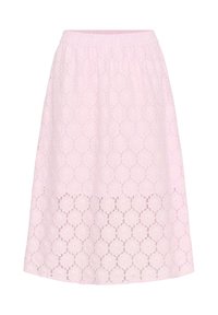 Růžová krajková midi sukně s elastickým páskem, s květinovým vzorem a polotransparentní spodní částí. Elegantní, texturovaný design.