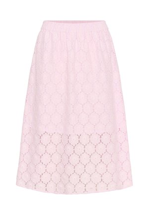 Lyserød blonde midi-nederdel med elastisk talje, der har et blomstermønster og et semitransparent bundpanel. Elegant, tekstureret design.