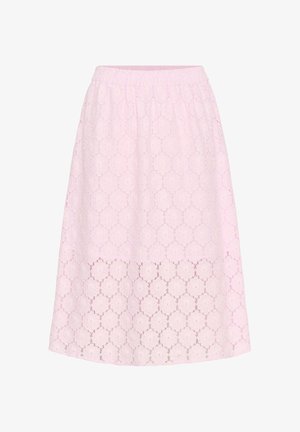 Rozā mežģīņu midi svārki ar elastīgu jostu, ar ziedu rakstu un puscaurspīdīgu apakšējo paneli. Elegants, teksturēts dizains.