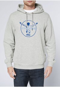 Light gray hoodie in cotton blend with adjustable drawstring hood, front pouch pocket, and blue graphic print depicting a figure and text.