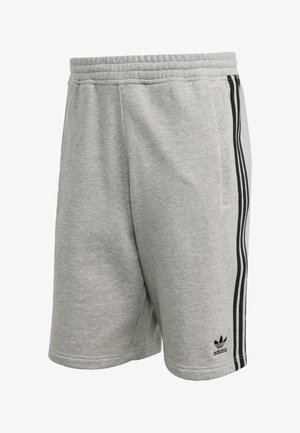 Gray cotton blend shorts with an elastic waistband, featuring black side stripes and a small black logo on the lower hem.