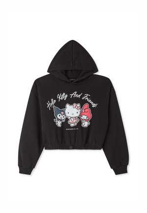 Felpa nera corta con cappuccio regolabile, caratterizzata da un design stampato colorato di Hello Kitty e dei suoi amici al centro.