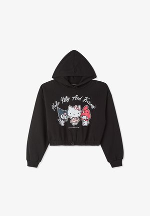 Felpa nera corta con cappuccio regolabile, caratterizzata da un design stampato colorato di Hello Kitty e dei suoi amici al centro.