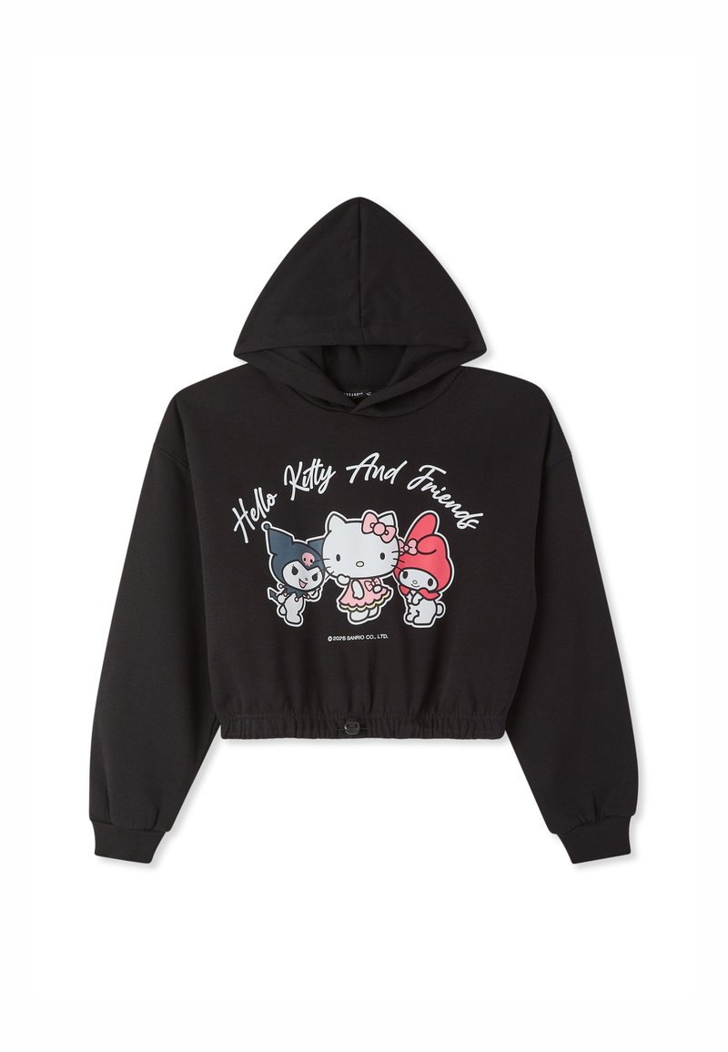 Felpa nera corta con cappuccio regolabile, caratterizzata da un design stampato colorato di Hello Kitty e dei suoi amici al centro.