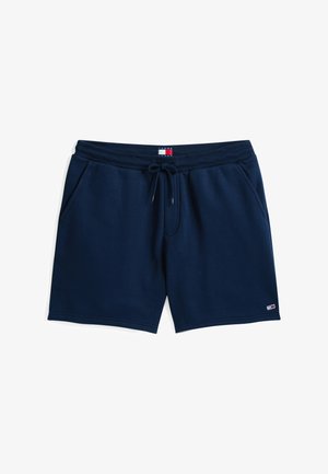 Navy blue sweat shorts made of soft fabric, featuring an elastic waistband with drawstring, side pockets, and a small brand logo.