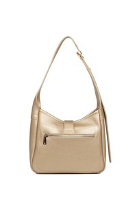 Borsa a spalla in pelle dorata con finitura texturizzata, dotata di tasca frontale con zip e tracolla regolabile. Forma classica e design minimale.