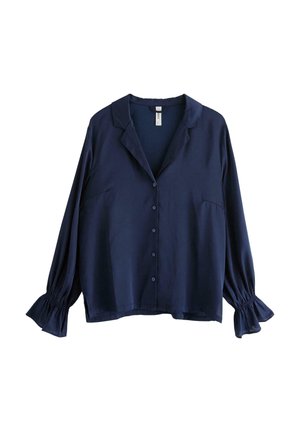 Granatowa bluzka z zapięciem na guziki, długimi rękawami i falbaniastymi mankietami. Wykonana z gładkiego, lekkiego materiału, z kołnierzykiem i dwoma kieszonkami na piersi.