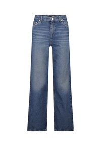Wide-leg blue jeans made of denim, featuring a faded wash, five pockets, and a zip fly with a button closure. No visible brand logo.