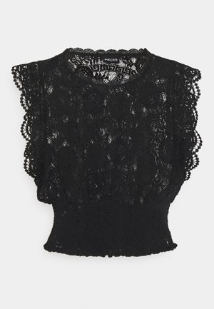 Zwart kanten cropped top met korte mouwen, bloemenpatronen, geschulpte randen en een aangesloten taille van het merk Pieces.