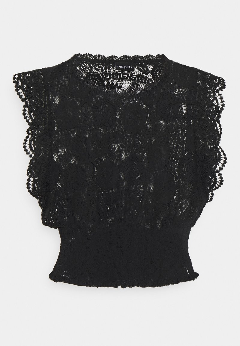 Crop top en dentelle noire à manches courtes, motifs floraux, bords festonnés et taille ajustée de la marque Pieces.