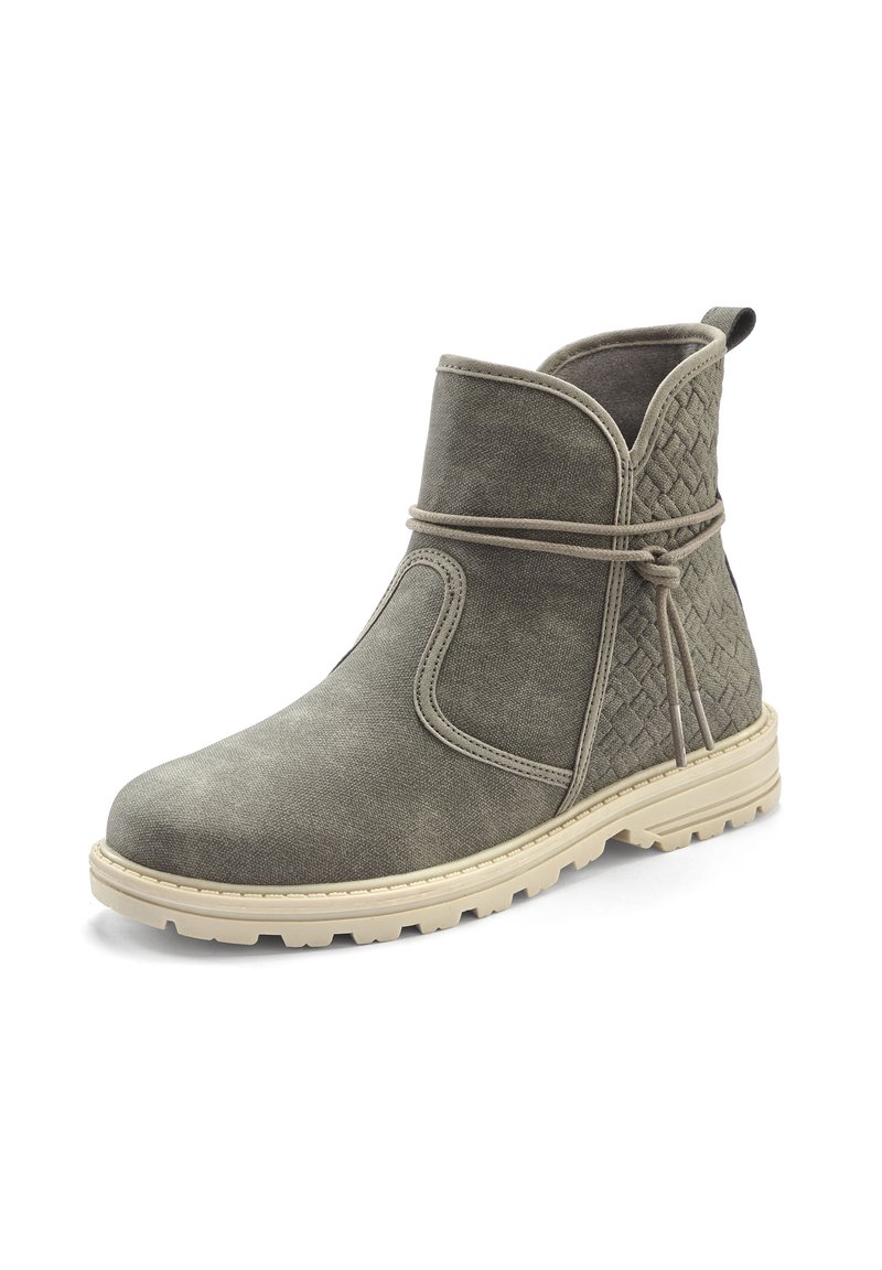 Graue Wildleder-Ankle-Boots mit gewebtem Texturdetail, Gummisohle und dekorativem Schnürverschluss. Verfügt über eine abgerundete Zehenpartie und eine Ziehschlaufe an der Rückseite.