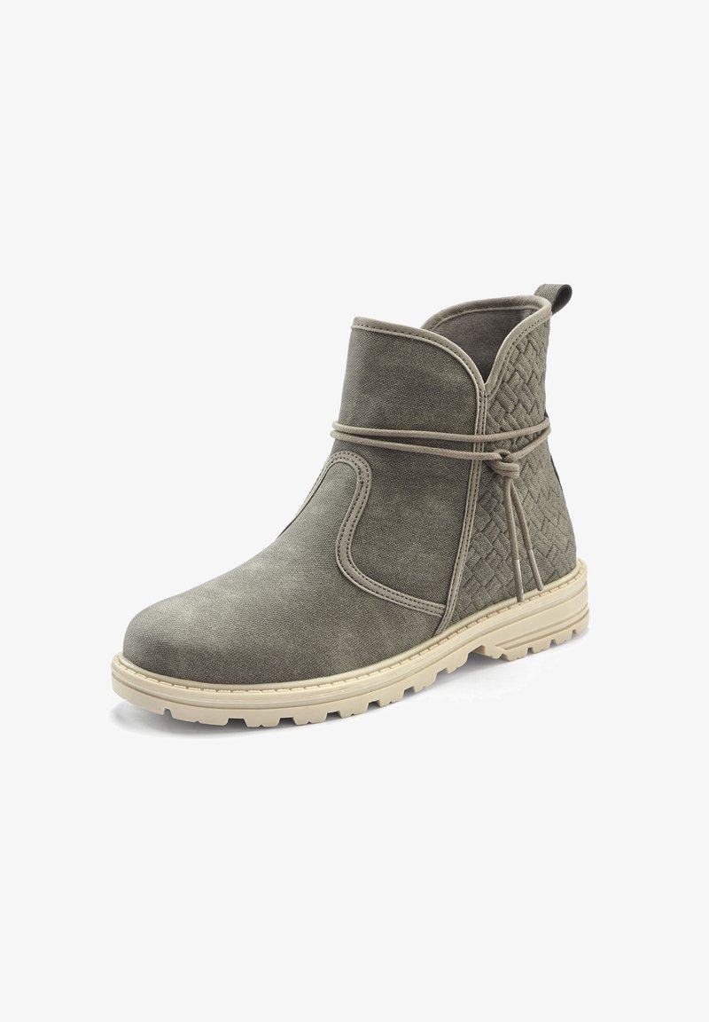 Graue Wildleder-Ankle-Boots mit gewebtem Texturdetail, Gummisohle und dekorativem Schnürverschluss. Verfügt über eine abgerundete Zehenpartie und eine Ziehschlaufe an der Rückseite.