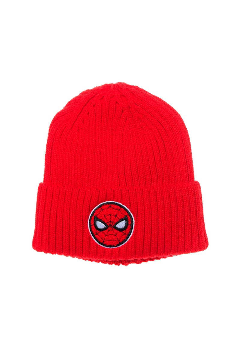 Berretto lavorato a maglia rosso con texture a coste e bordo piegato. Presenta un emblema di Spider-Man ricamato in forma circolare sul davanti.