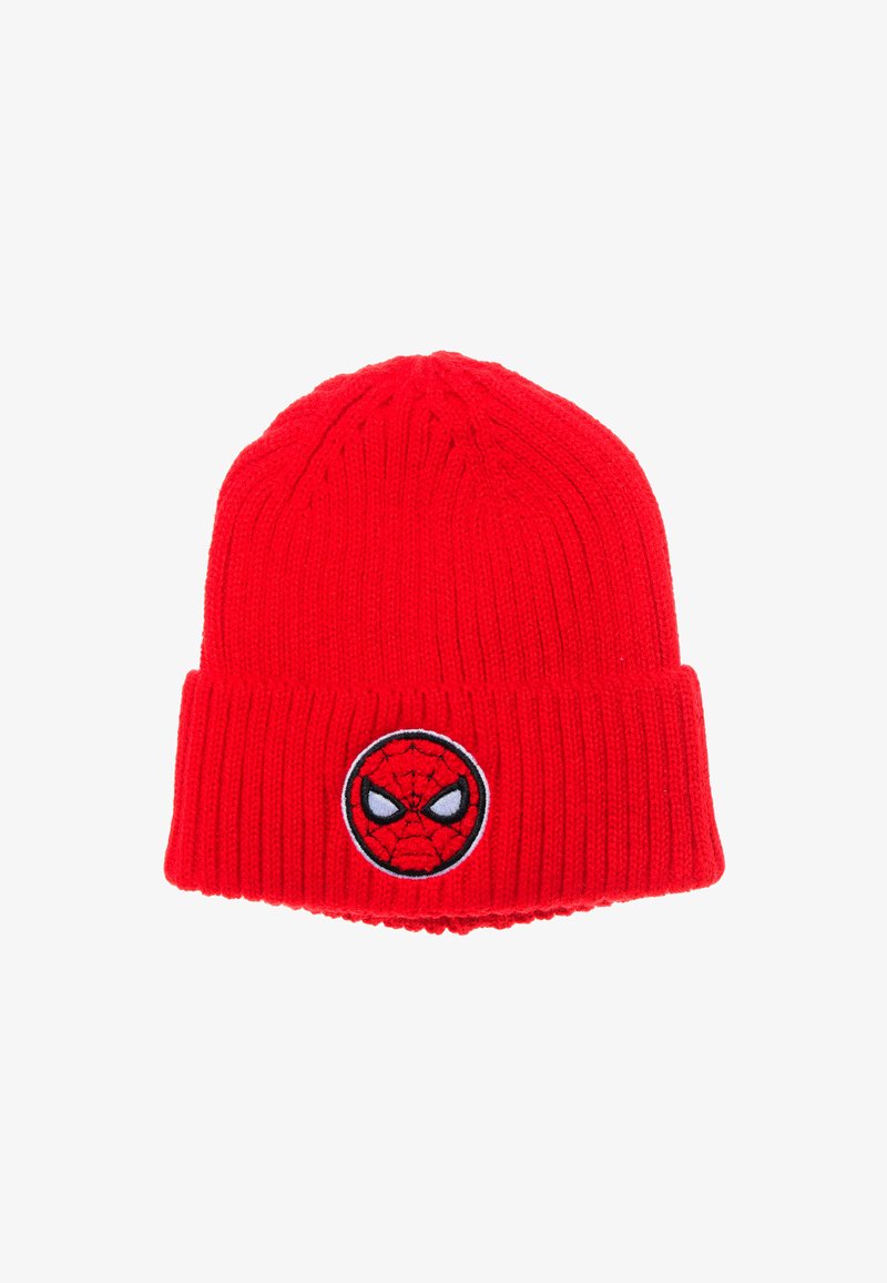 Red knitted beanie with ribbed texture and a fold-over cuff. Features a circular embroidered Spider-Man emblem on the front.