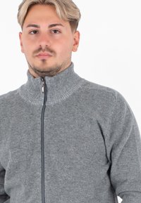 Grijze zip-up trui met een hoge kraag, geribbeld texture en een centrale rits. Gemaakt van gebreide stof, met een gladde afwerking.