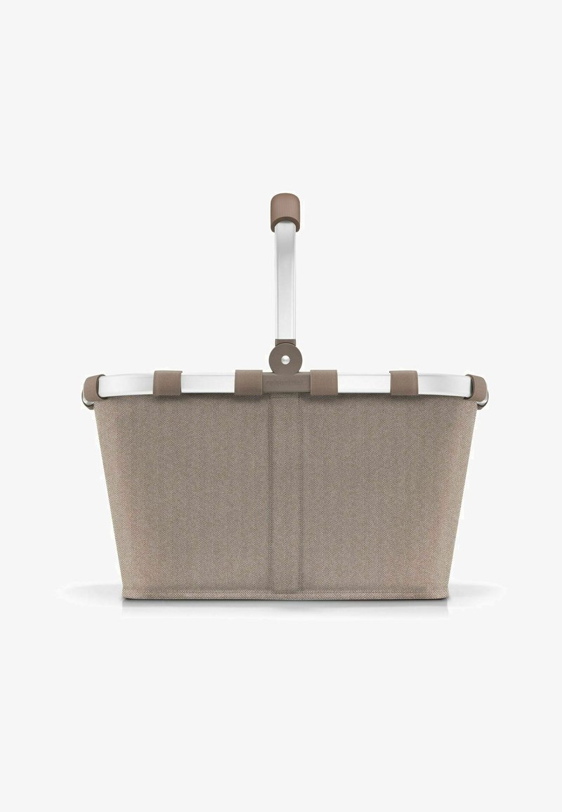 Cestino da picnic in tessuto grigio con motivo a spina di pesce, struttura in metallo e manico verticale per il trasporto. Presenta dettagli beige sulla parte superiore.