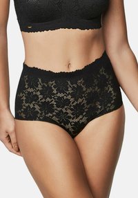 Zwarte kant hoge taille slips met bloemenpatronen, golvende randen en een semi-doorzichtige textuur. Stijlvol en functioneel ontwerp.