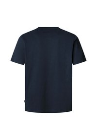 Marineblauwe katoenen T-shirt met korte mouwen, ronde hals en rechte zoom; gladde textuur en eenvoudig ontwerp zonder versieringen.