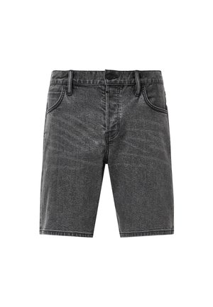 Schwarze Denim-Shorts mit geradem Schnitt, ausgestattet mit Vorder-Taschen, einem Knopfverschluss und sichtbaren Nähdetails. Mid-Rise-Design.