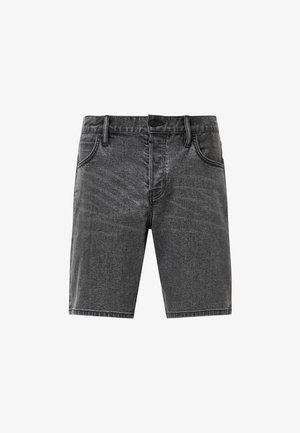 Shorts en denim noir avec une coupe droite, dotés de poches avant, d'une fermeture à bouton et de détails de couture visibles. Conception taille mi-haute.