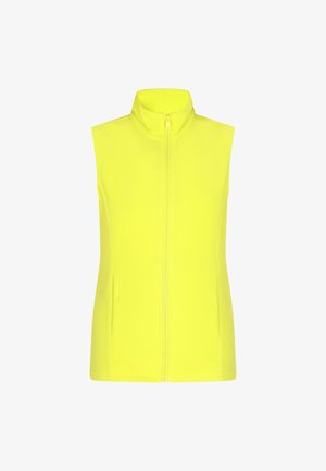 Bezrękawnik w jaskrawym żółtym kolorze, z wysokim kołnierzem i zamkiem błyskawicznym z przodu, wykonany z lekkiej, teksturowanej tkaniny.