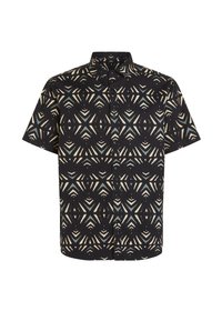 Short-sleeve shirt in black fabric featuring a contrasting geometric pattern in beige and teal. Button-down front with a classic collar.