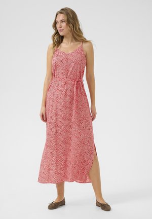 Red floral maxi dress with spaghetti straps, waist tie, and side slits. Lightweight fabric with a textured pattern throughout.