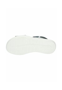 Biała gumowa podeszwa z teksturowanym bieżnikiem; ciemnoniebieska góra z rzepem. Projekt jest prosty i funkcjonalny.