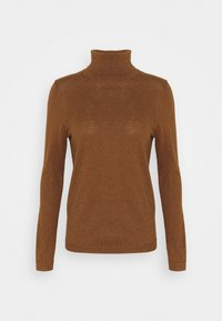 Brązowy sweter typu golf wykonan z miękkiego materiału, z długimi rękawami i dopasowanym krojem. Gładka tekstura z prążkowanym kołnierzem i mankietami.