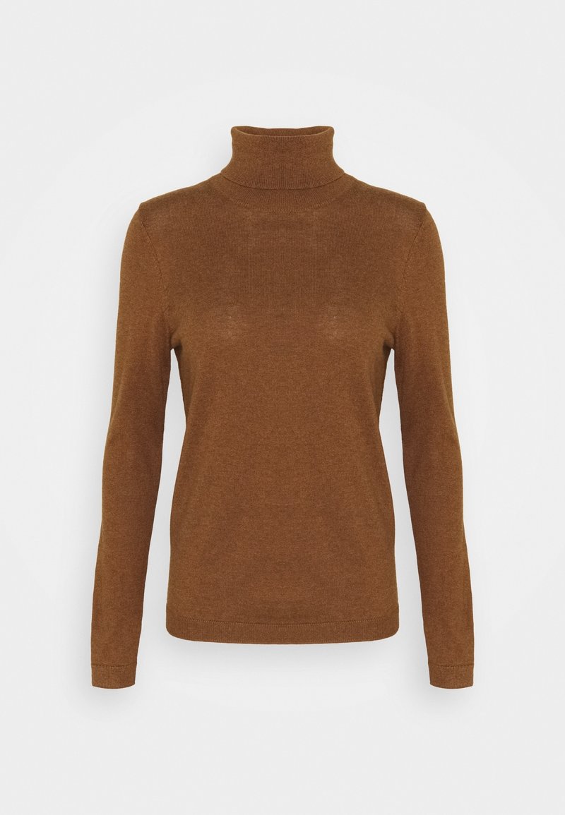Brązowy sweter typu golf wykonan z miękkiego materiału, z długimi rękawami i dopasowanym krojem. Gładka tekstura z prążkowanym kołnierzem i mankietami.