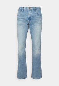 Jeans in denim azzurro chiaro con taglio a campana, dotati di cinque tasche, chiusura con bottone e leggero sbiadimento lungo le gambe.