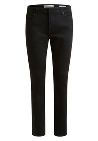 Fekete farmernadrág, slim fit szabású, öt zsebes dizájnnal és klasszikus gombos záródással a deréknál. Sima textúra.