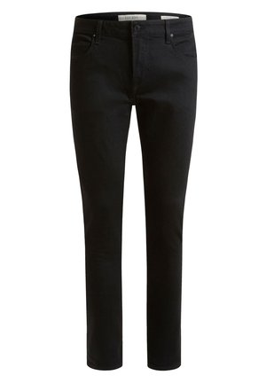 Melnas džinsus, kas izgatavoti no denima, ar šauru piegriezumu, piecu kabatu dizainu un klasiska pogu aizdare viduklī. Gluda tekstūra.