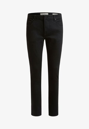 Czarne dżinsy wykonane z denimu, o slim fit, z pięcioma kieszeniami oraz klasycznym zapięciem na guzik w talii. Gładka tekstura.